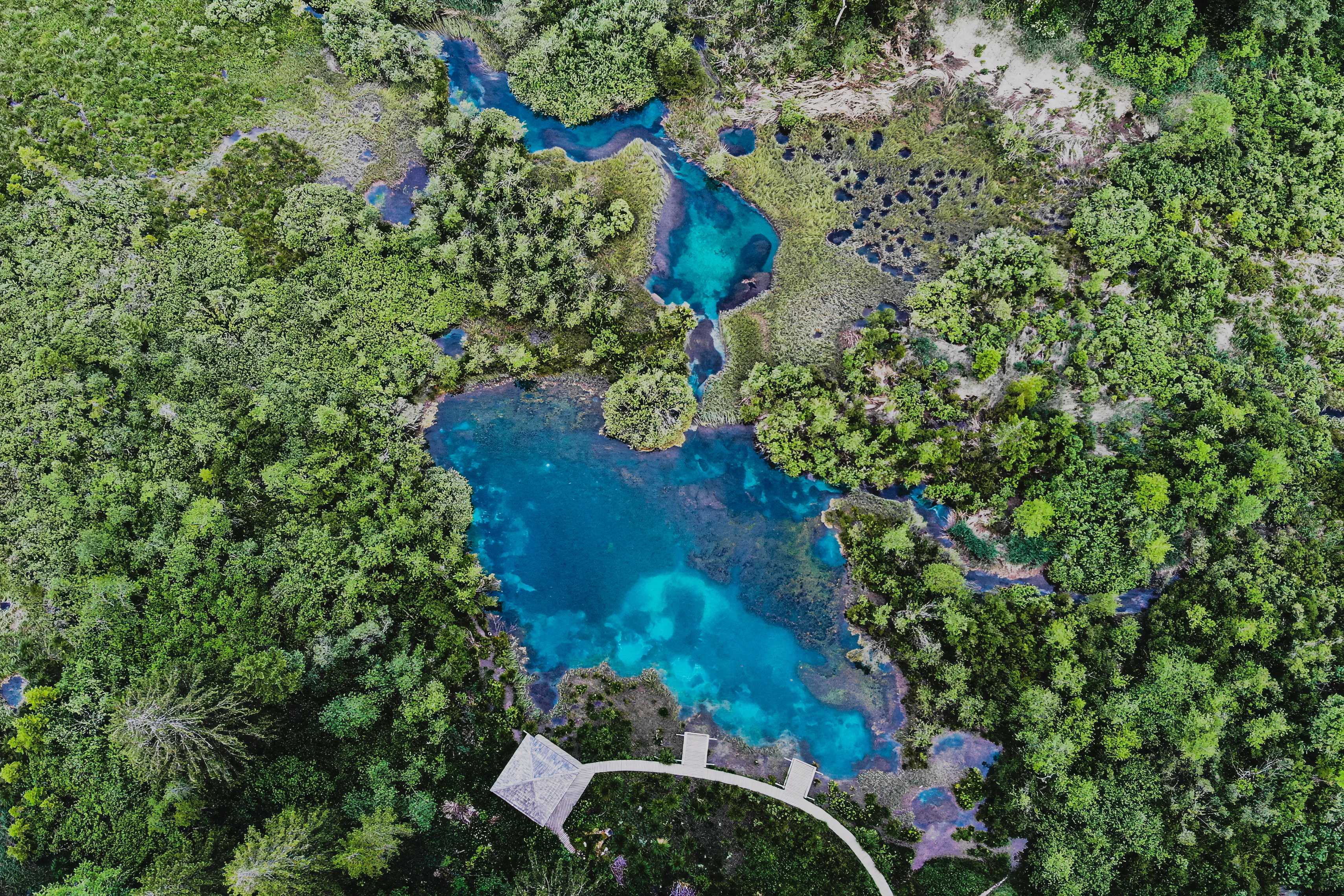 A high view shows blue pools, vegetation and a curved boardwalk with a small pavilion.