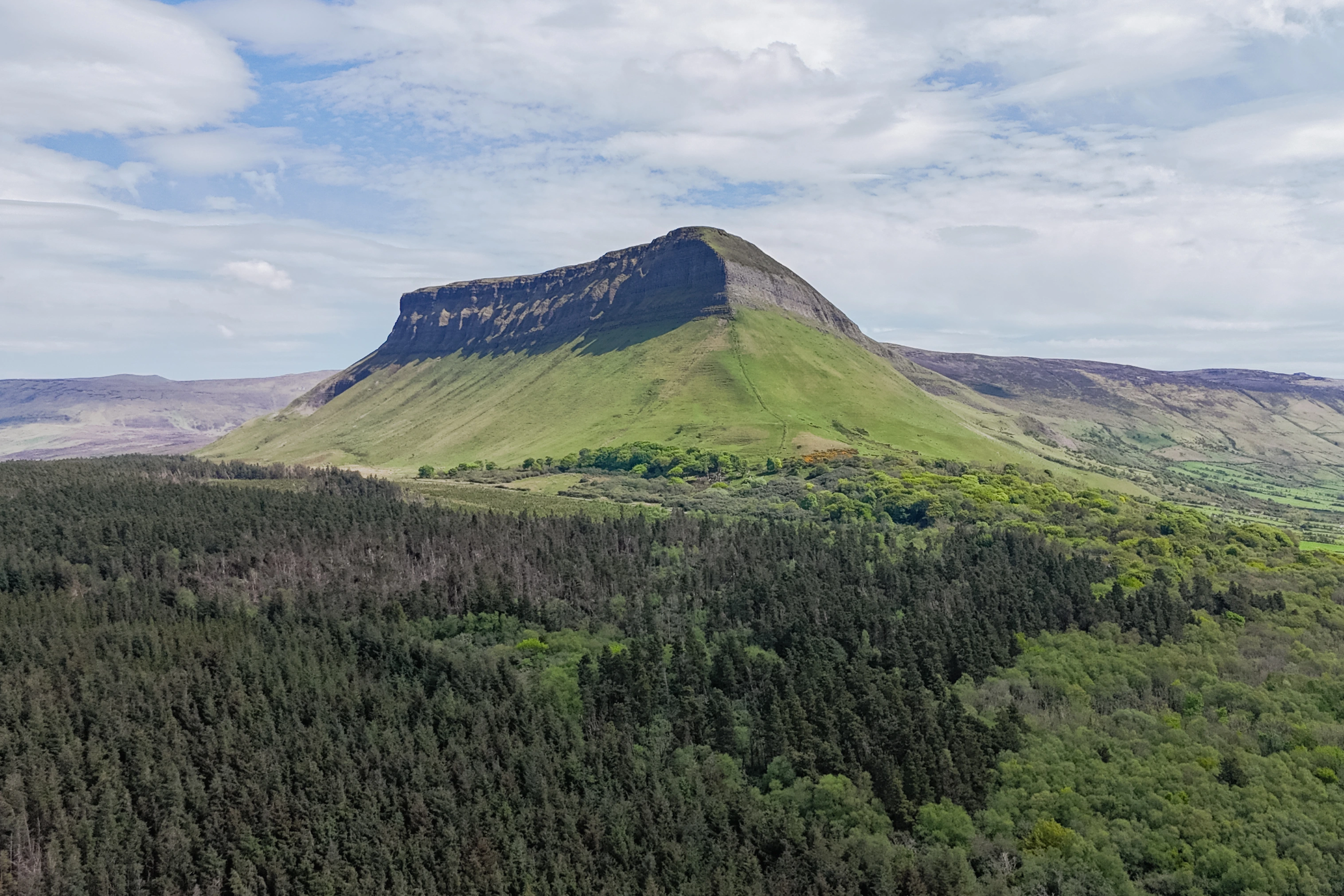 A green-sided escarpment rises beyond a dense foreground forest and a band of lighter trees.