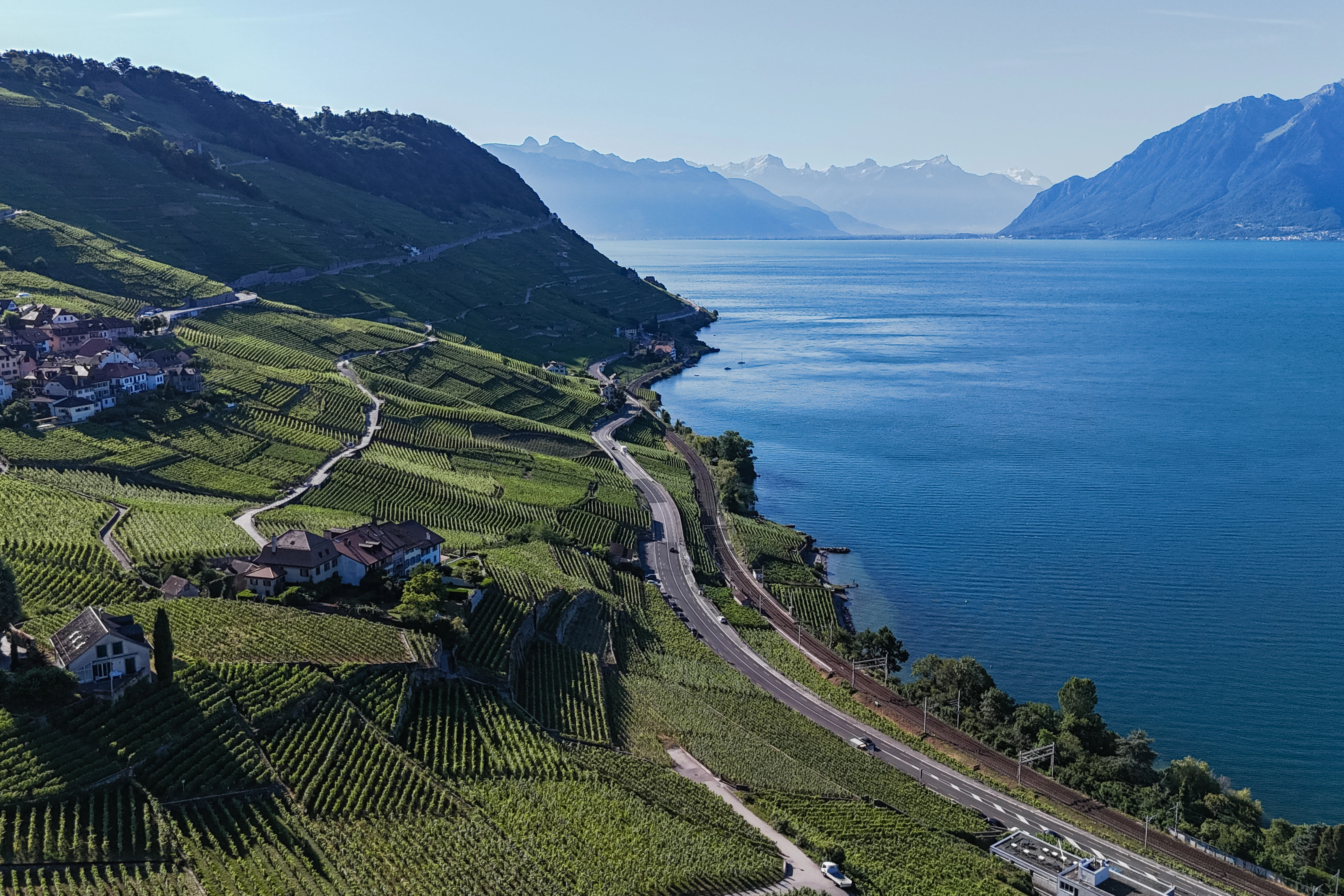 Road and railway curves follow a lake beside vineyards, a settlement and distant mountains.